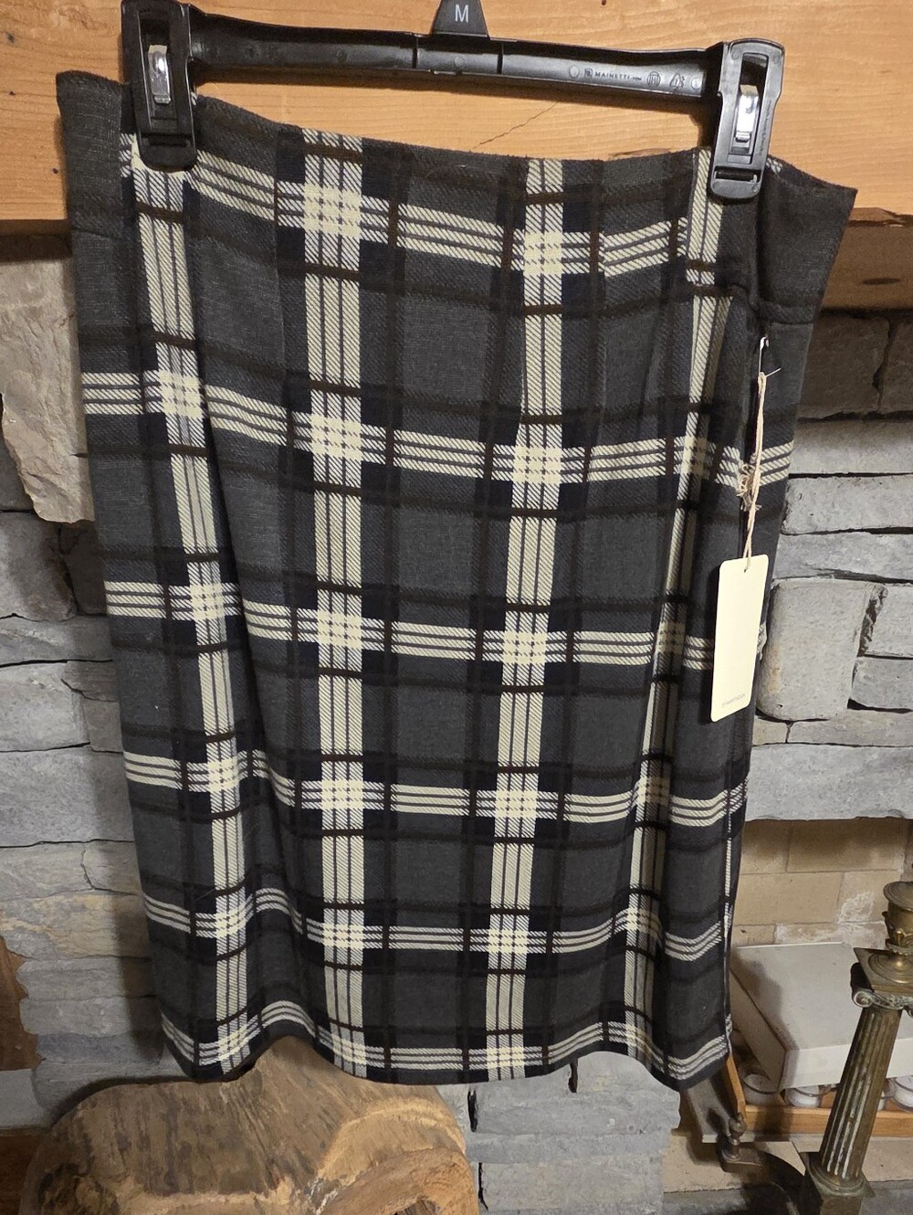 NWT 41Hawthorn Plaid Wool-Blend Pencil Skirt in Charcoal and Cream